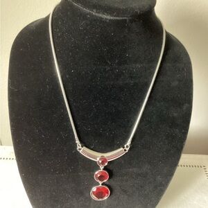 Silver Tone and Red Geometric Pendant Necklace